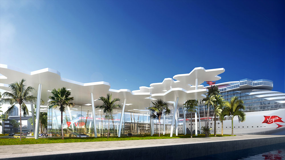 Render of terminal's VIP entrance at ground-level with Scarlet Lady in the background
