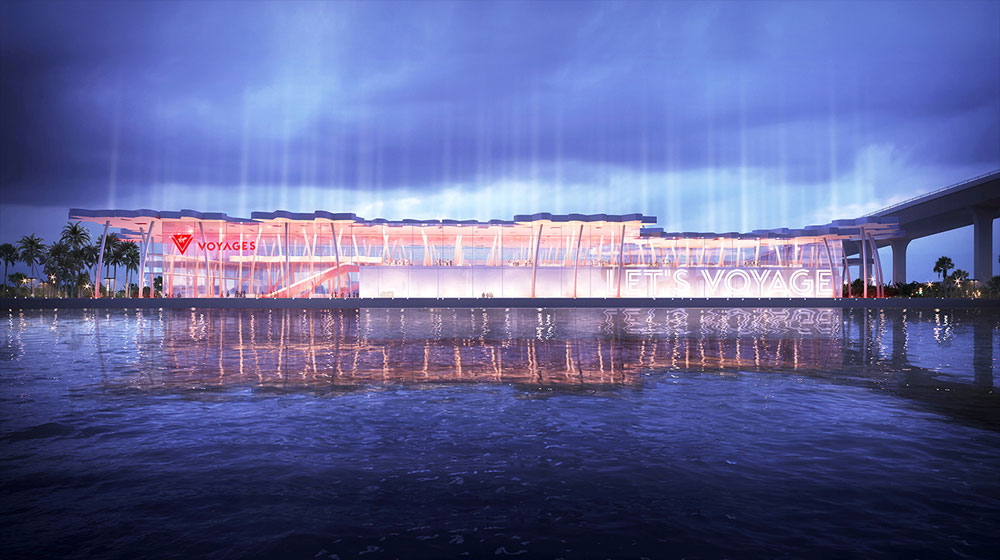 Render of terminal's West facing side in the nighttime with dozens of lights shooting into the sky | Virgin Voyages &copy
