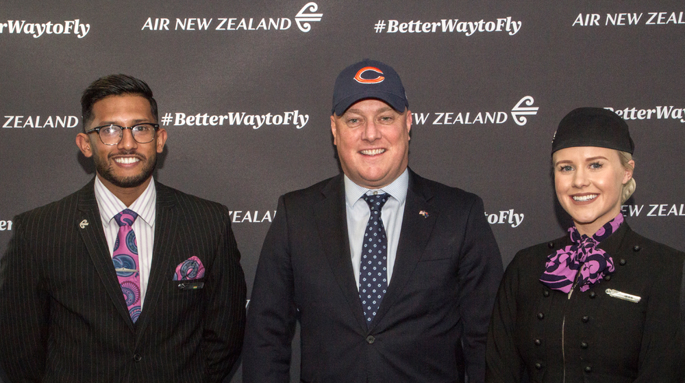 Air New Zealand CEO Christopher Luxon didn't take long to embrace the city, donning a Chicago Bears baseball cap on arrival.