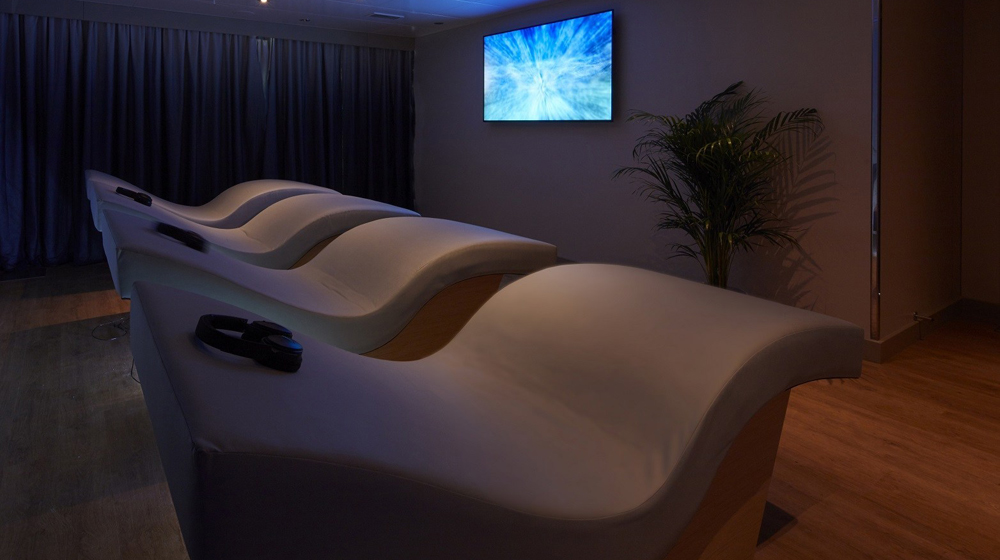 Meditation room with acoustic resonance loungers at newly launched Mareel Wellness & Beauty Spa on Cunard’s Queen Elizabeth