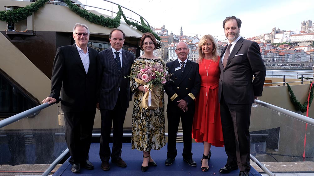 From left: Rudi Schreiner, President and Co-Founder of AmaWaterways; Hugo Bastos, Managing Director, nautical of Douro Azul; Julia Lo Bue-Said, Godmother of AmaDouro; Captain Pedro Sardo; Kristin Karst, Executive Vice President and Co-Founder of AmaWaterways; Manuel Marques, COO and vice president of Douro Azul