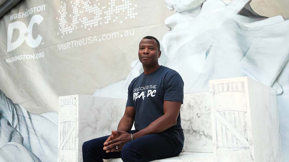 Destination DC President, Elliott Ferguson on the replica Lincoln Memorial in Martin Place