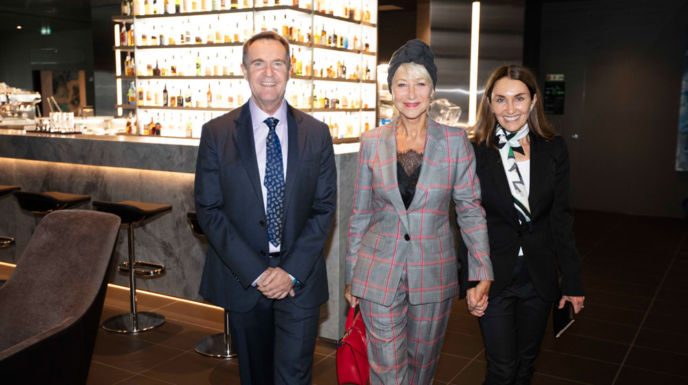 Glen and Karen Moroney, Scenic Eclipse co-owners, flank Dame Helen Mirren