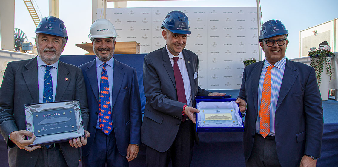 Steel cutting of EXPLORA II, Marco Bucci, Pierroberto Folgiero, Michael Ungerer and Giovanni Toti.