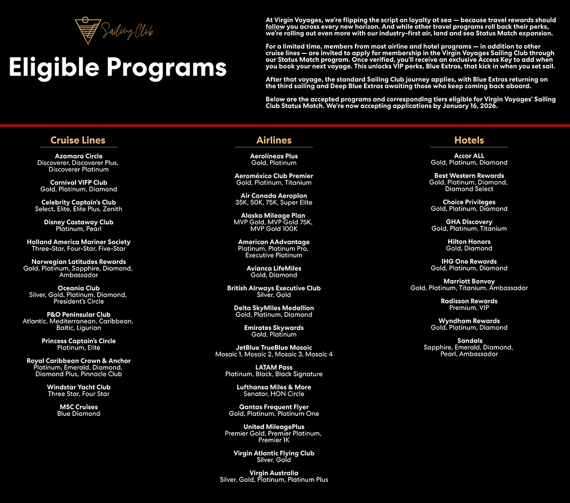 Virgin Voyages status match eligible programs